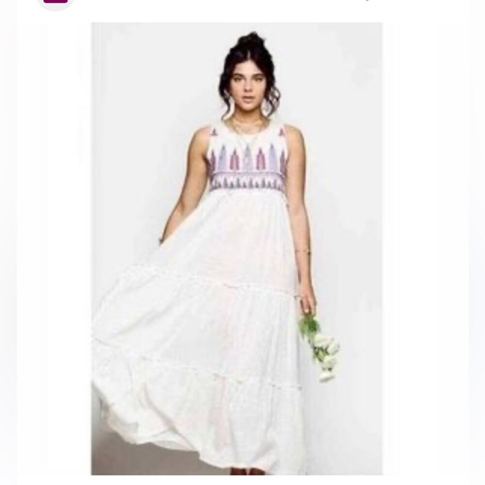 Anthropology Raga Panama Maxi Tiered Embroidered Sleeveless Boho Dress Size S